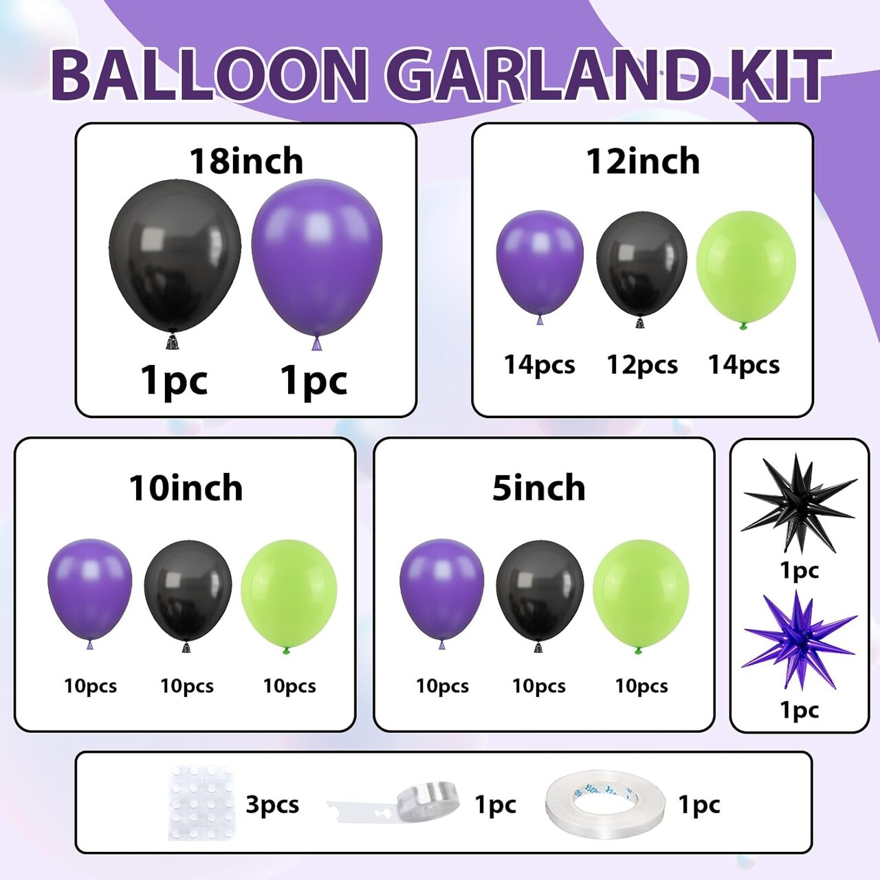 Black Purple Green Balloon Arch Kit, Star Foil Balloons for Kids Boy Monster Theme Birthday Decorations Baby Shower Wedding Anniversary Engagement Graduation Celebrations Party Supplies